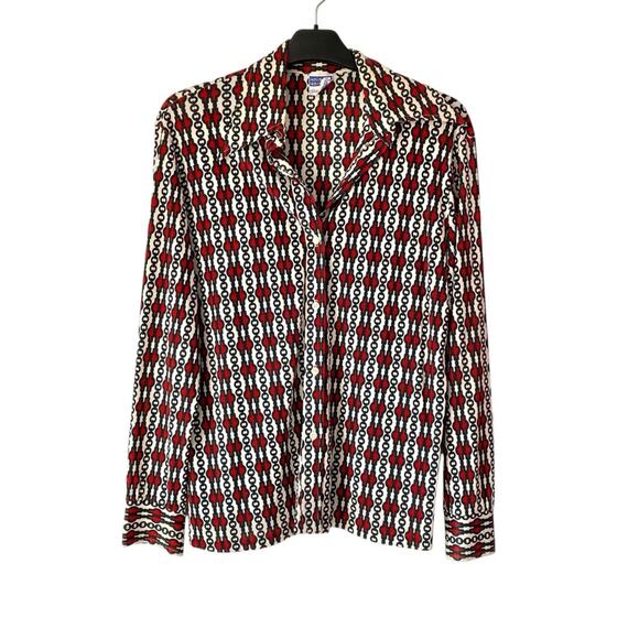 Vintage 70s Knit Editions Ship’n Shore Chain Green Red Button Down Shirt large - Picture 1 of 5
